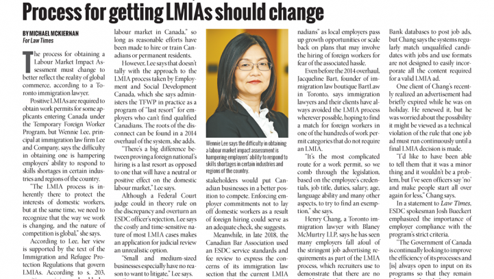Process for getting LMIAs should change – Law Times (Feb 4, 2019)